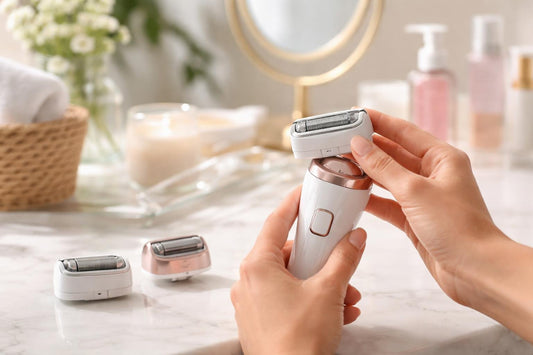 Woman changing electric shaver replacement head safely