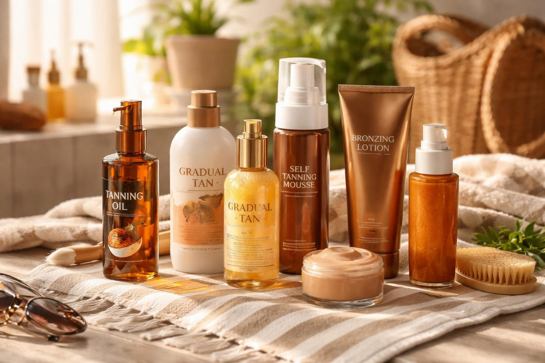 assorted tanning oils and lotions on beach towel
