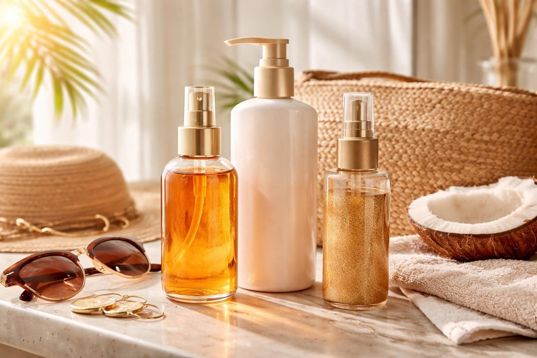 Tanning oil and lotion glow on sunlit summer skin