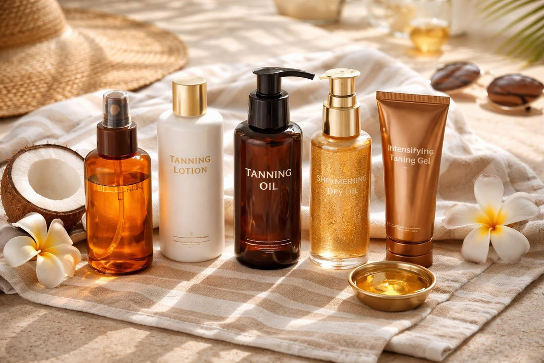 Beginner and advanced tanning oils and lotions on beach towel