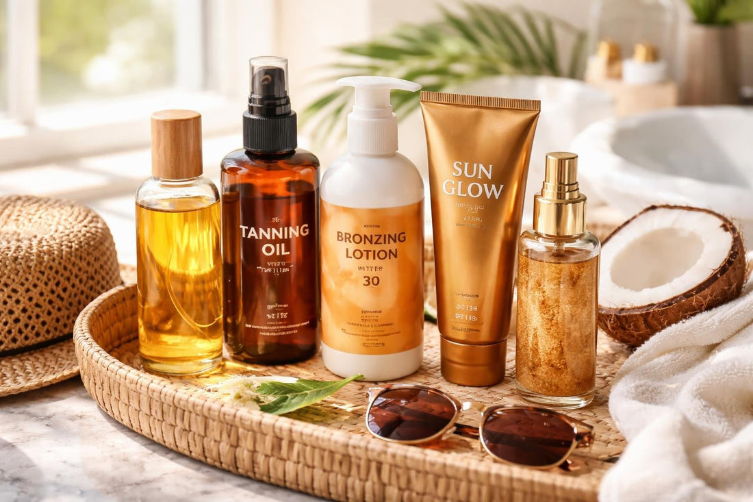 assortment of tanning oils and lotions in summer