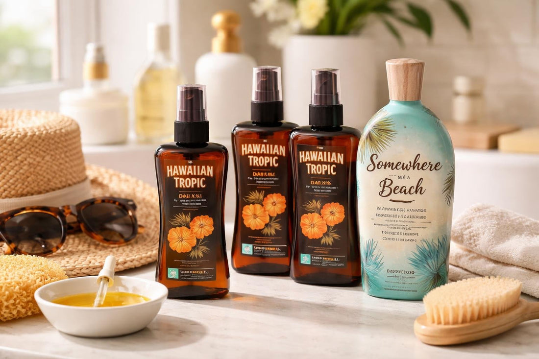 Assorted tanning oils and lotions on a neutral surface
