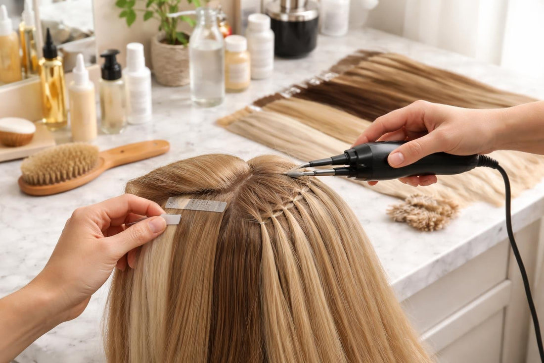 Stylist installing tape-in and fusion hair extensions