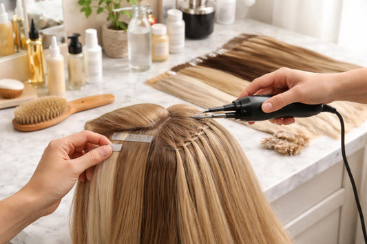 Stylist installing tape-in and fusion hair extensions