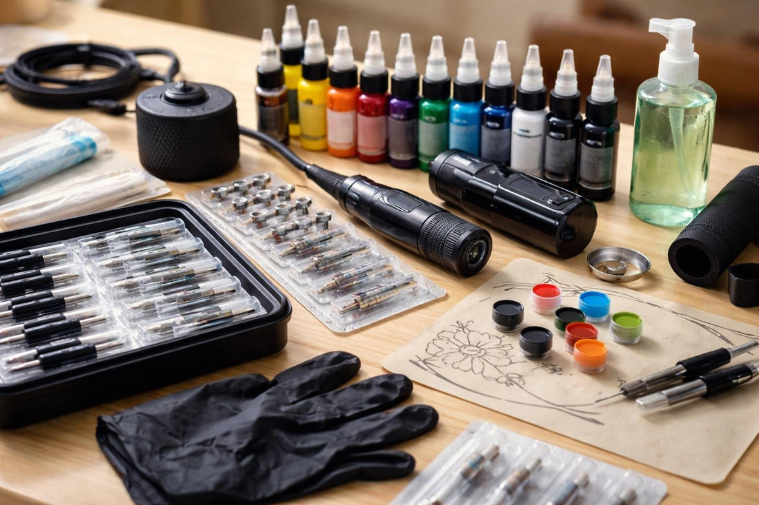 Beginner tattoo supplies kit with ink and cartridges