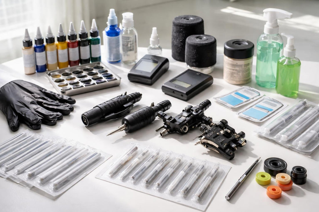 Beginner tattoo kit components and sterile supplies