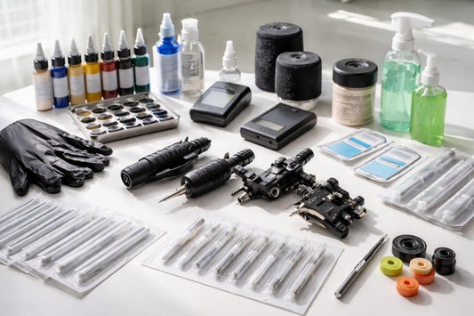 Beginner tattoo kit components and sterile supplies