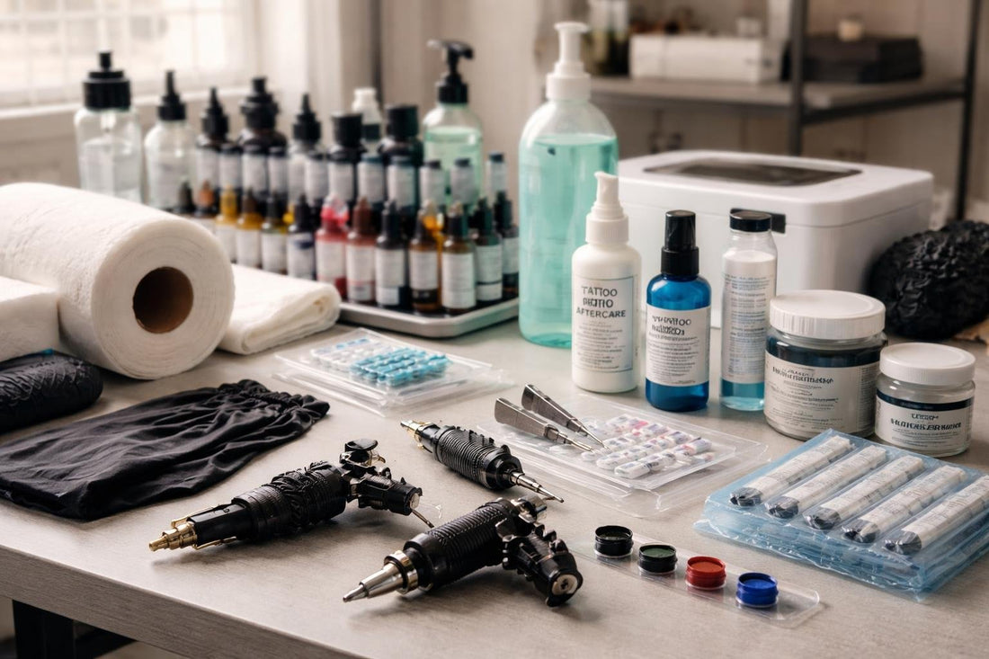 professional tattoo supplies and aftercare kit on table
