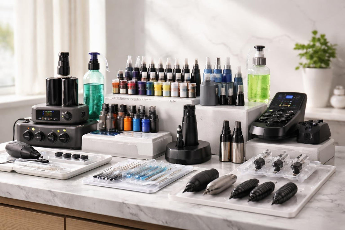 Tattoo supplies organized by beginner, intermediate, and pro level