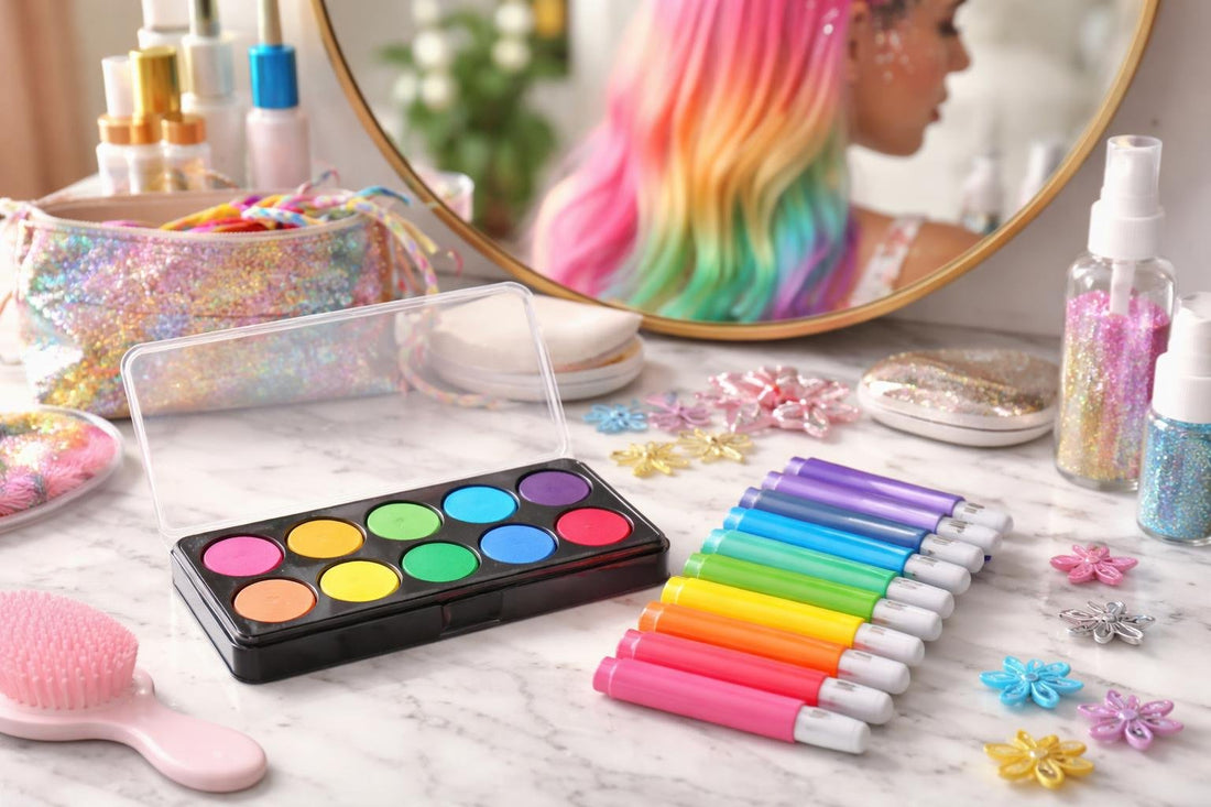 Festival-ready temporary hair chalk colour swatches on model