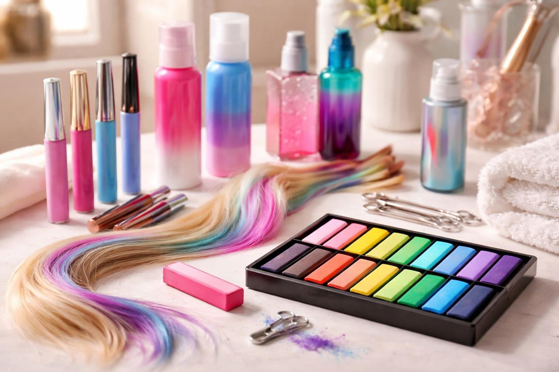 temporary hair chalk colour collection kit and application