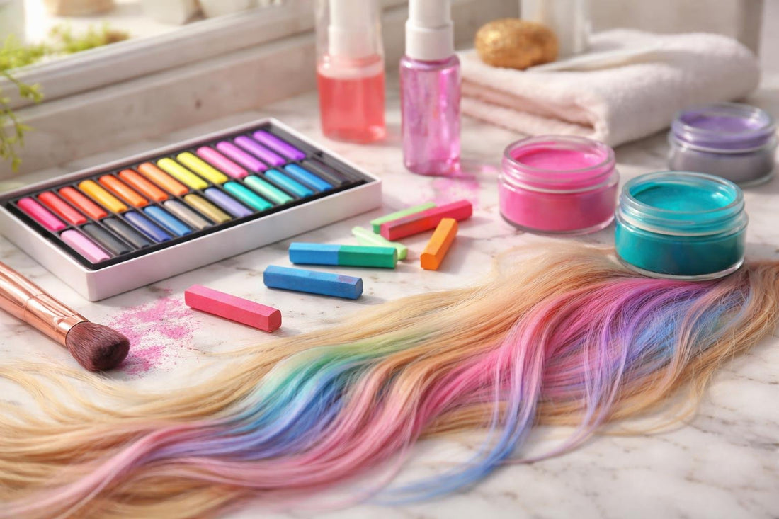 Colourful temporary hair chalk streaks on long hair