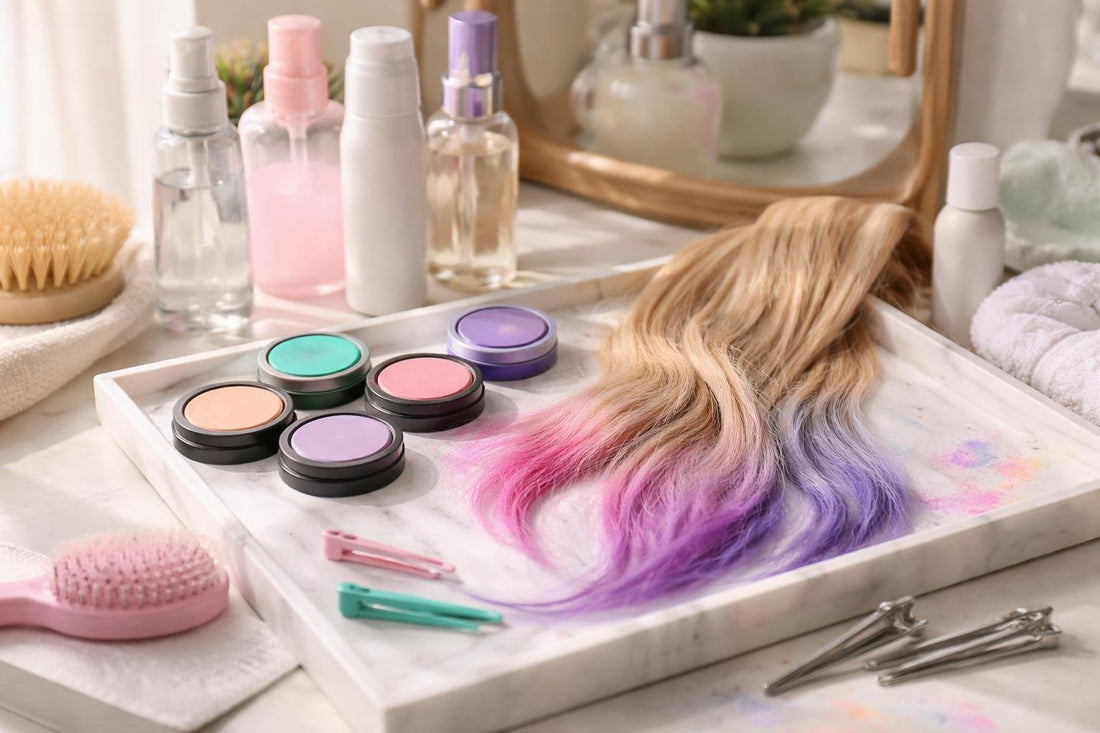 Temporary hair chalk colour applied to ombré tips