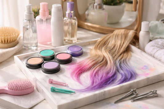 Temporary hair chalk colour applied to ombré tips