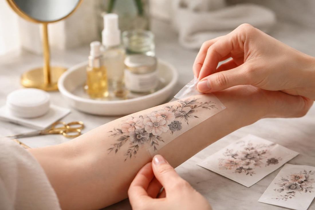 Close-up temporary tattoo application on forearm