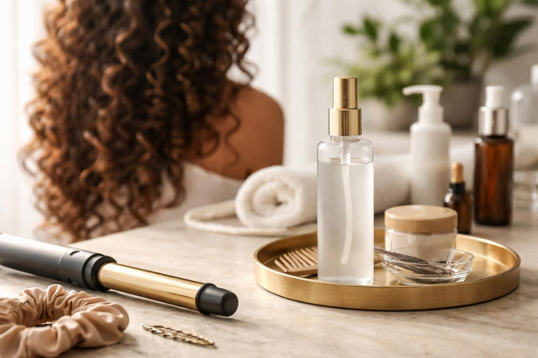 Curly hair styled with heat protectant spray in Canada