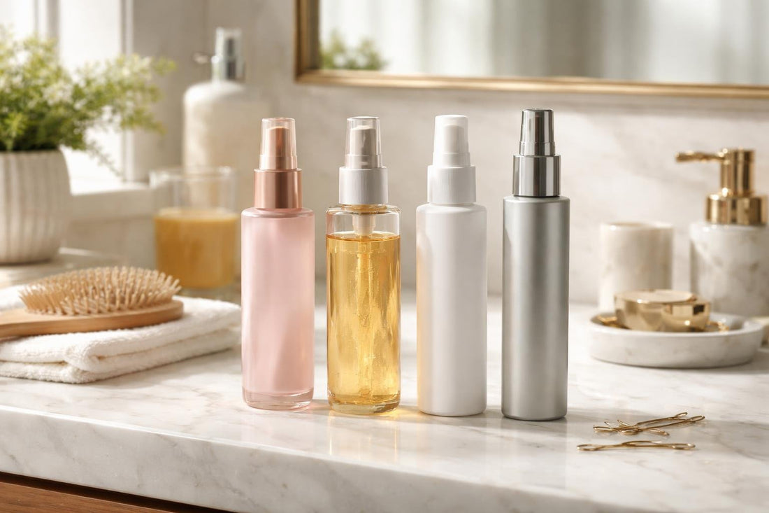 Thermal protection hair spray bottles on bathroom counter