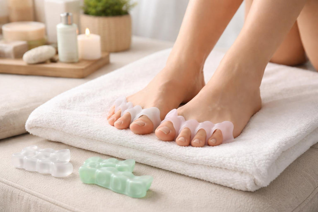 Toe separators placed between toes for at-home comfort