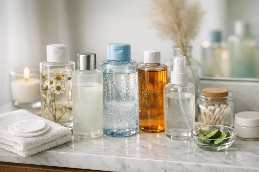 Gentle facial toners and astringents on shelf