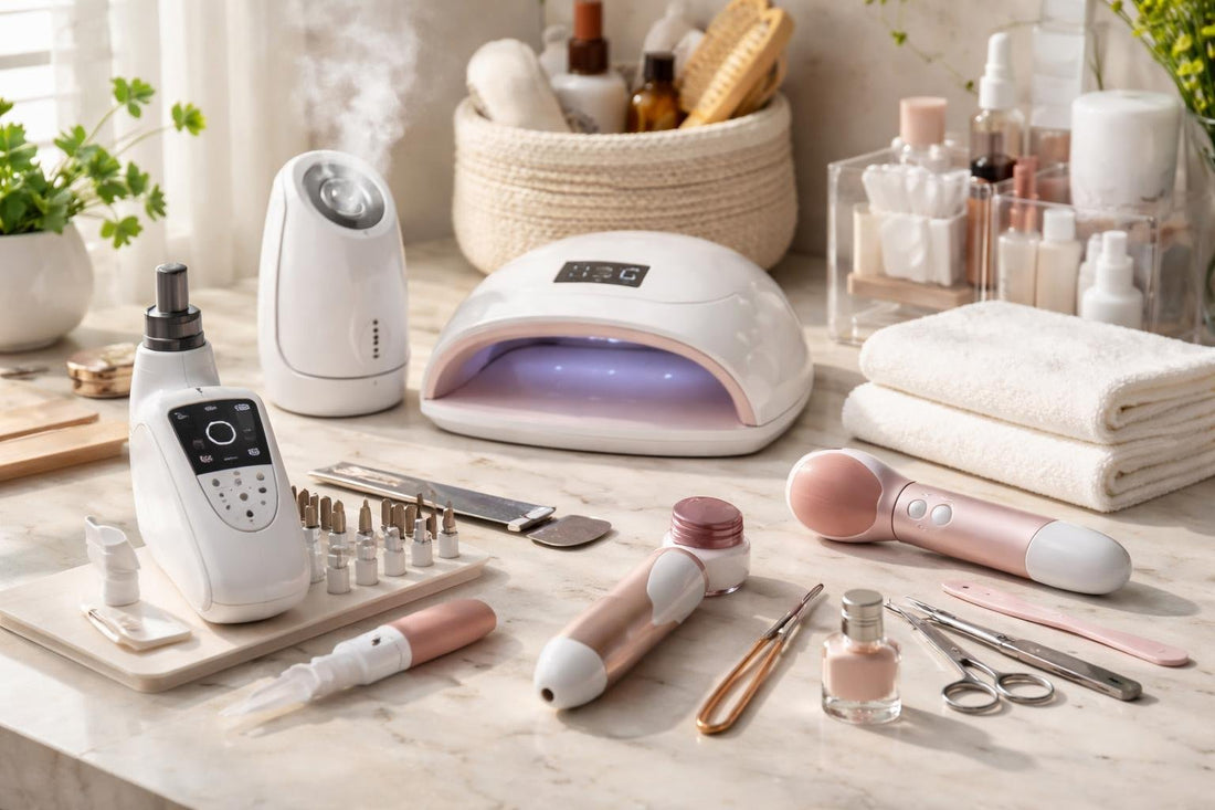 Assorted beauty tools and accessories on table