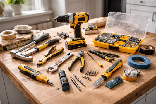 Budget DIY tools and accessories laid out