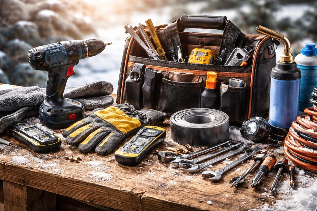 Close-up of winter-ready tools and accessories