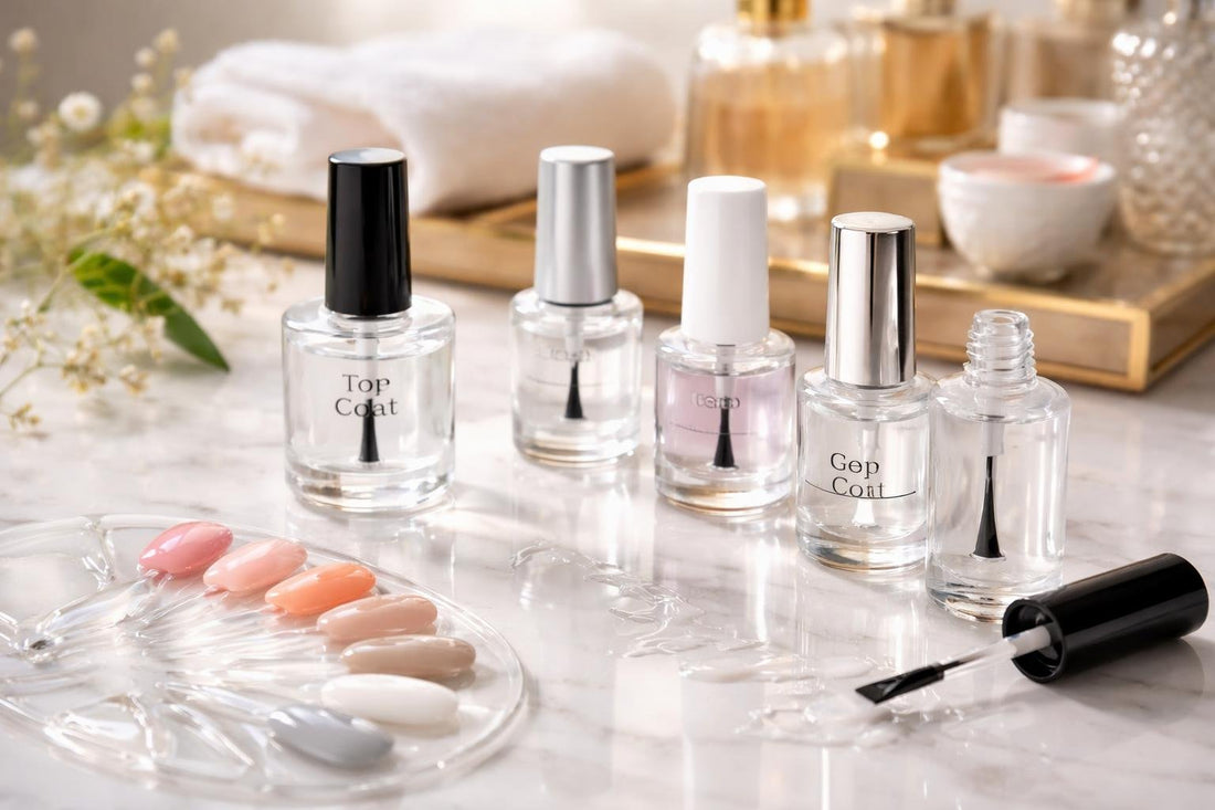 Assorted nail polish top coat bottles and colour swatches