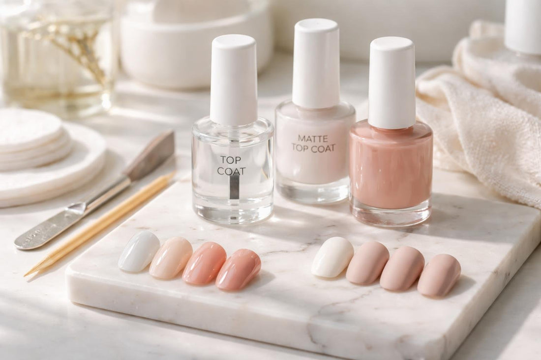 close-up glossy and matte top coat finishes on nails