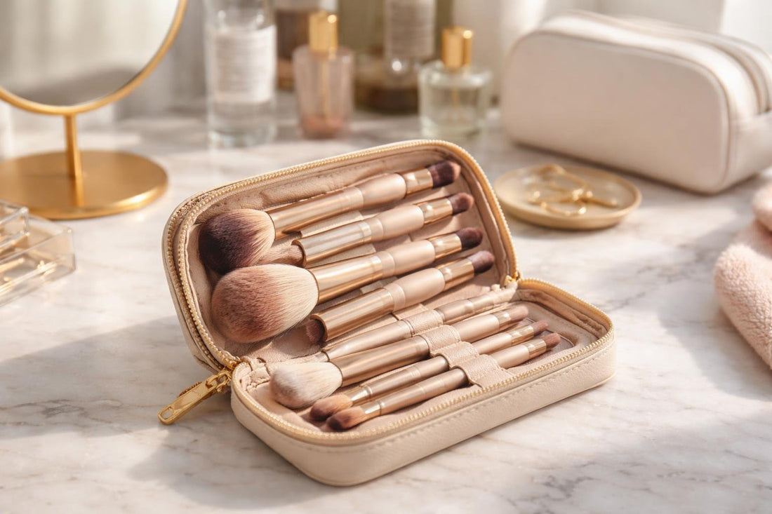 compact travel makeup brush set in case