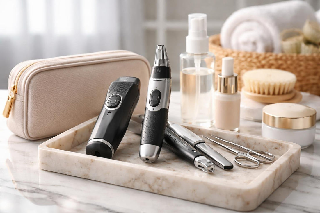 Travel grooming kit with trimmer and dermaplaning tool