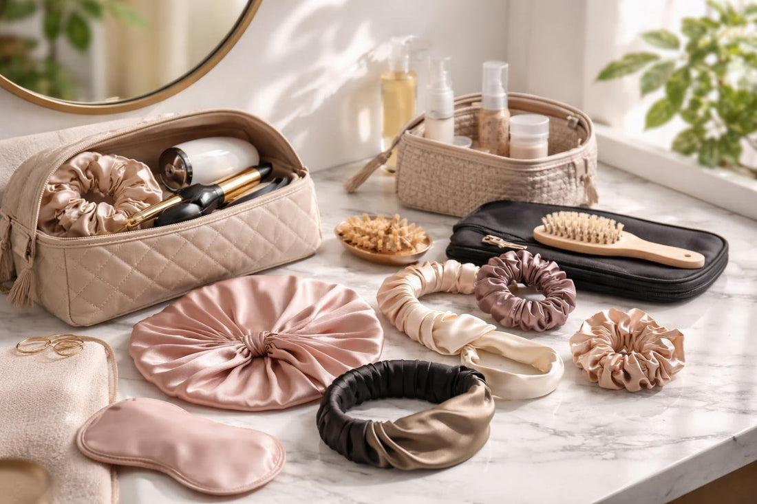 Travel hair accessories including silk bonnet and satin headbands