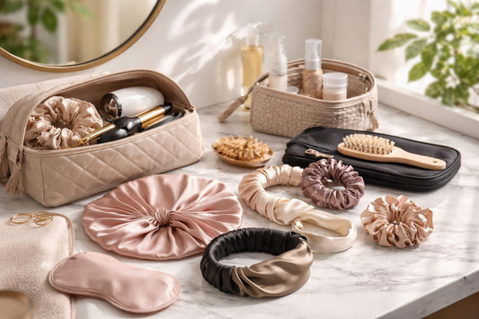 Travel hair accessories including silk bonnet and satin headbands