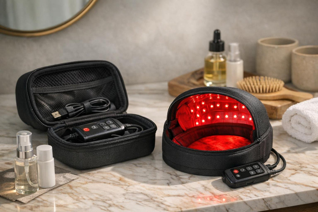 Travel-ready hair regrowth device and protective case