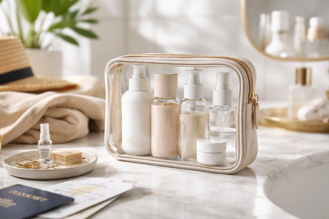 Compact TSA-friendly travel toiletry kit with clear pouch