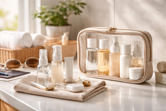 Carry-on toiletry kit with clear bag and bottles