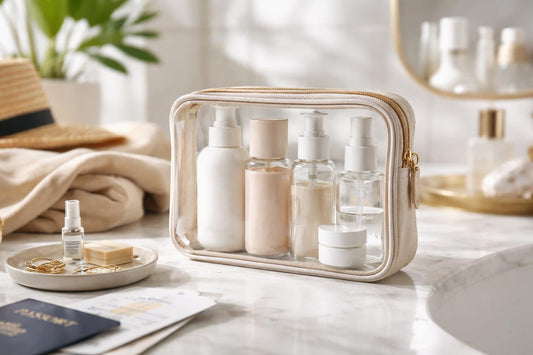 Compact TSA-friendly travel toiletry kit with clear pouch