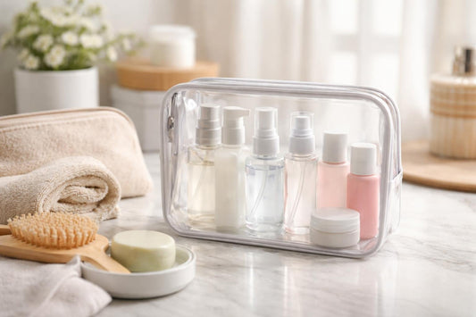 compact travel toiletry kit with clear TSA pouch and bottles