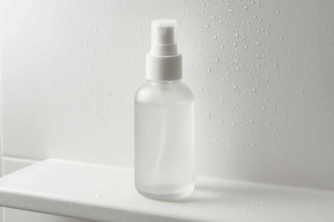 Minimalist skincare mist bottle with fine water droplets on a clean bathroom shelf