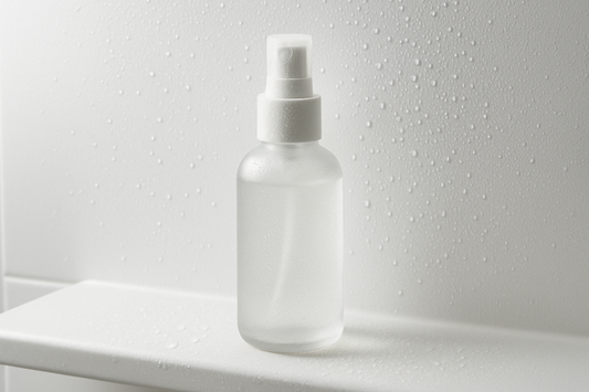 Minimalist skincare mist bottle with fine water droplets on a clean bathroom shelf