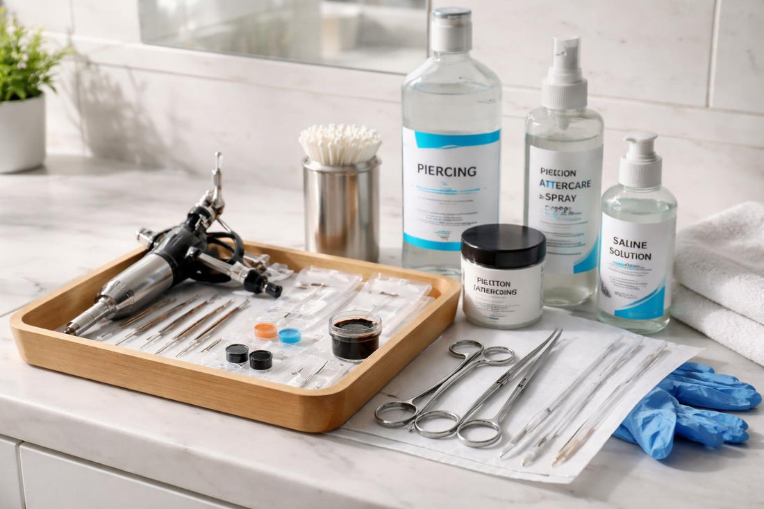 Trusted piercing and tattoo supplies laid out on clean tray