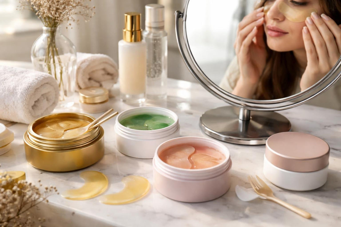 Applying under eye mask patches for hydration and depuffing