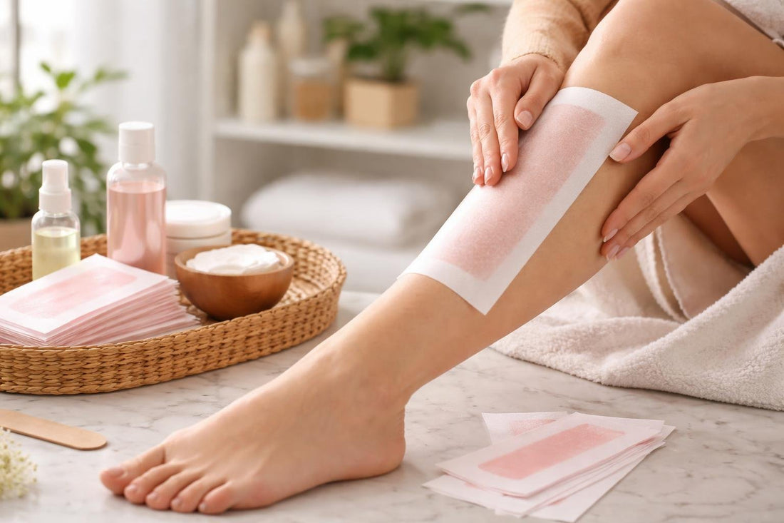 Hands using waxing strip on leg at home