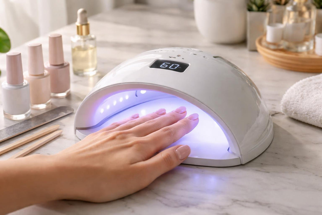 Hand curing gel nail polish under UV LED lamp