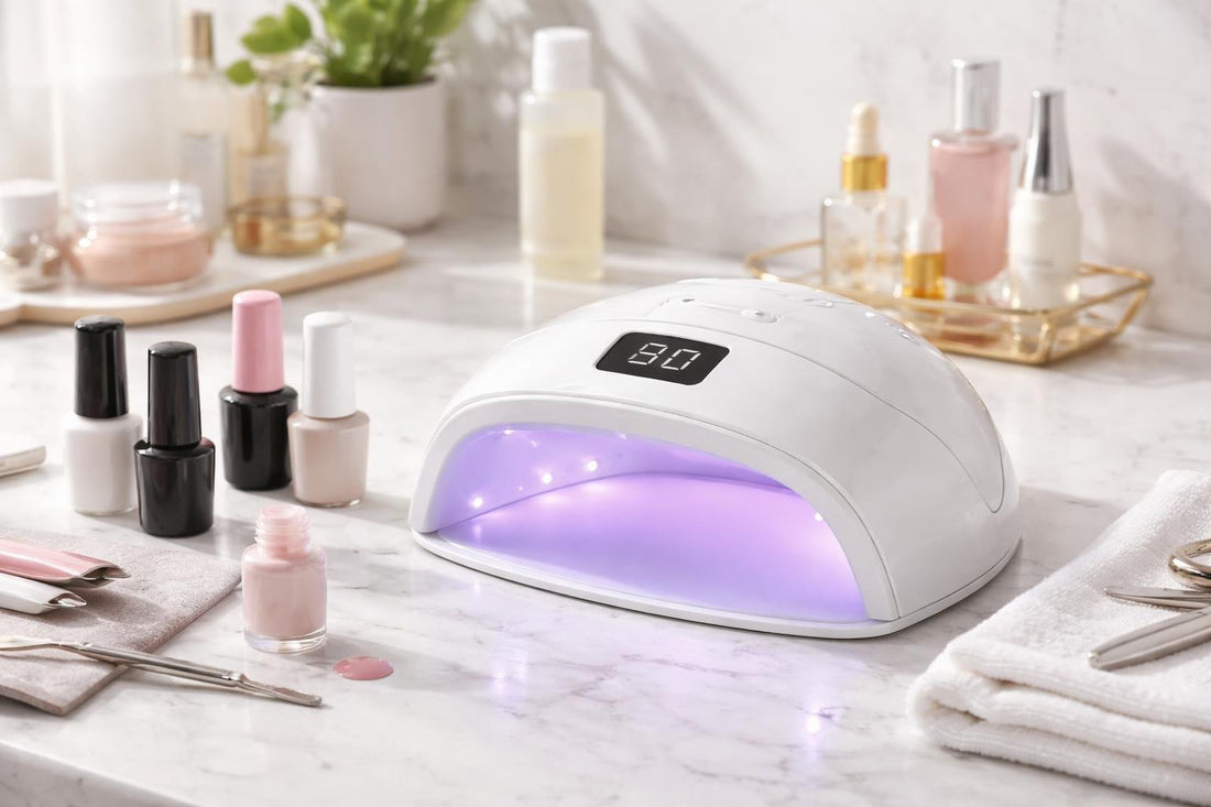 UV LED nail lamp on Canadian vanity with gel polish