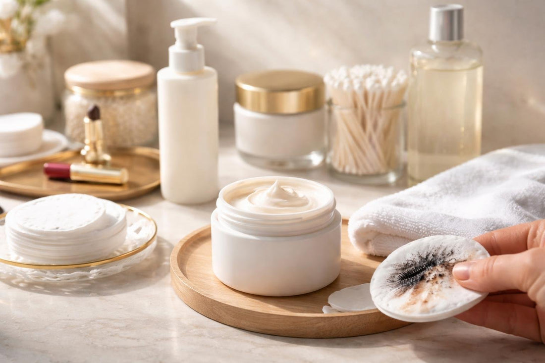 Cleansing cream removing waterproof mascara on a cotton pad