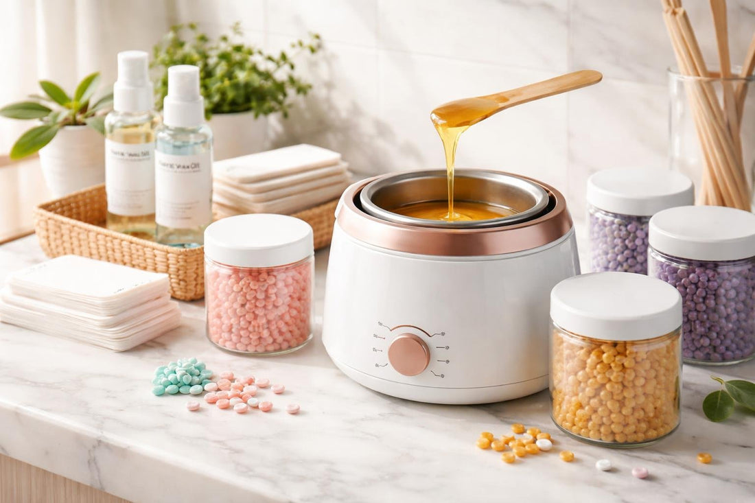 At-home hair removal wax kit on bathroom counter