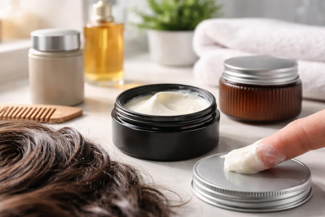 styling wax jar applied to textured hair close-up
