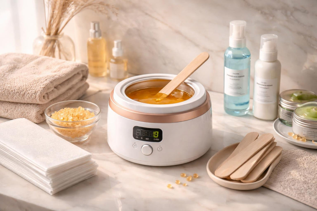 Wax warmer setup with sticks, strips, and aftercare