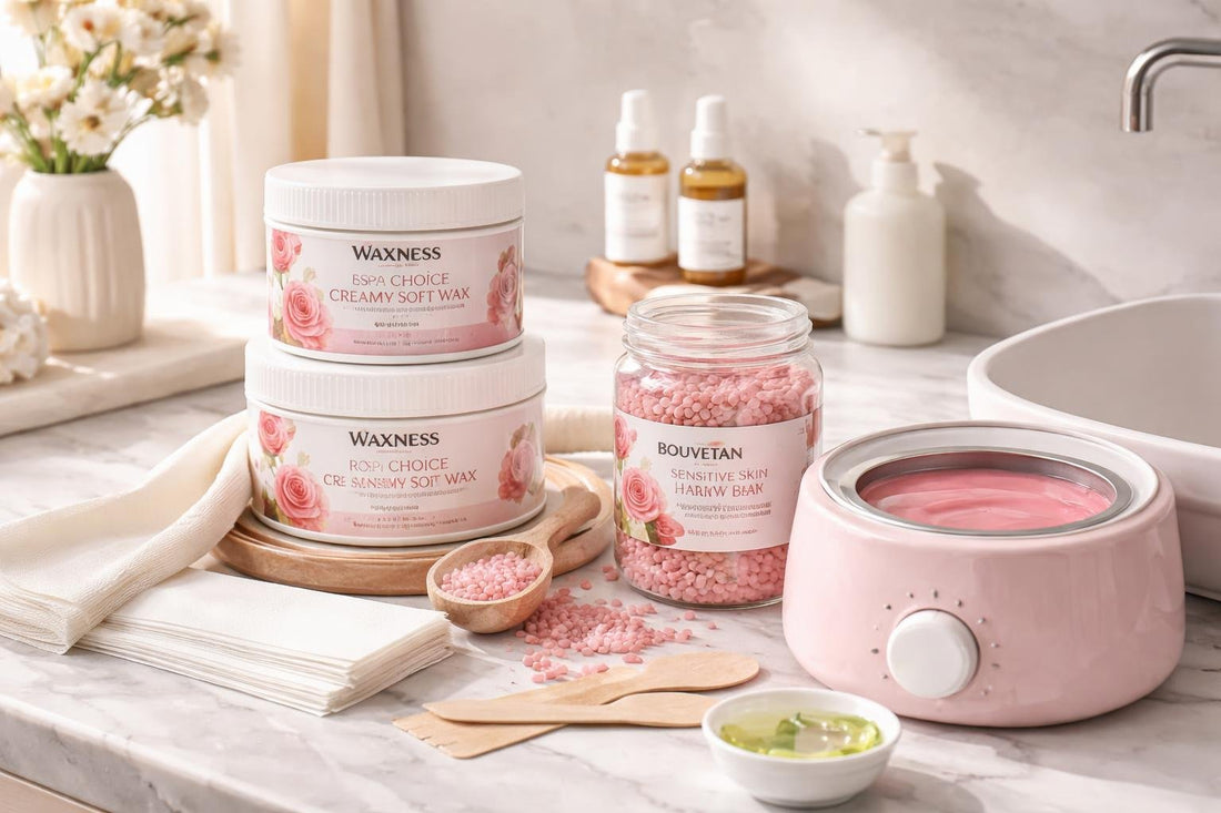 At-home waxing products and tools arranged on counter