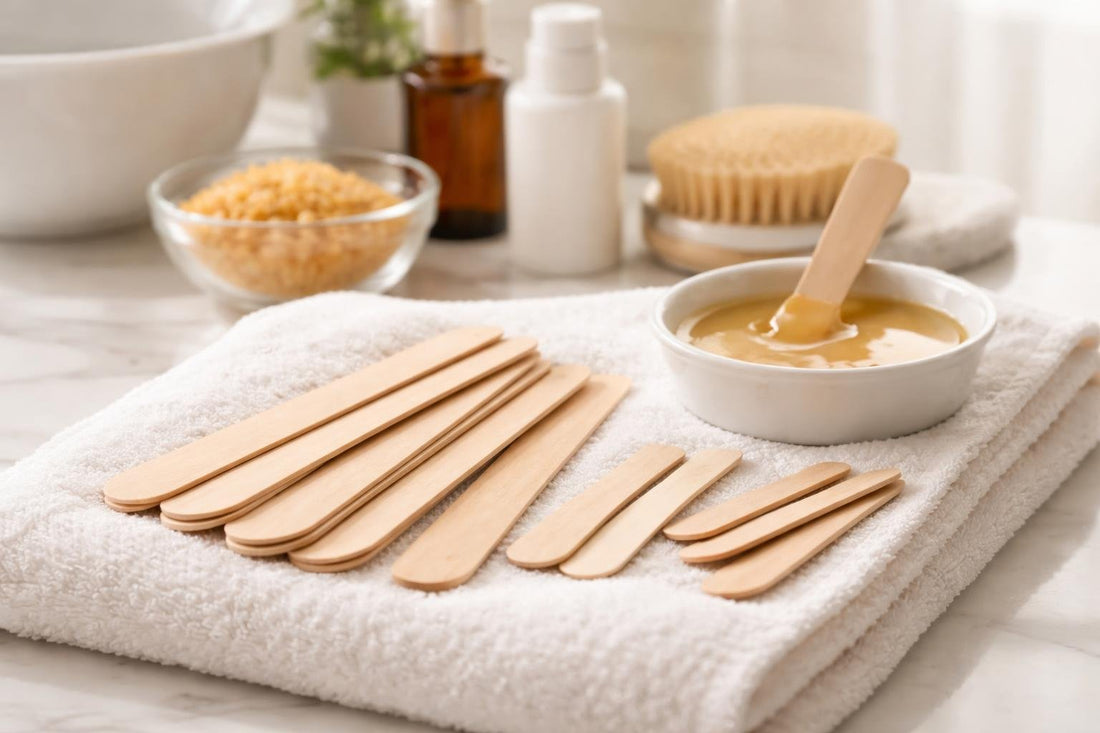 Wooden waxing spatulas and small applicators on clean towel
